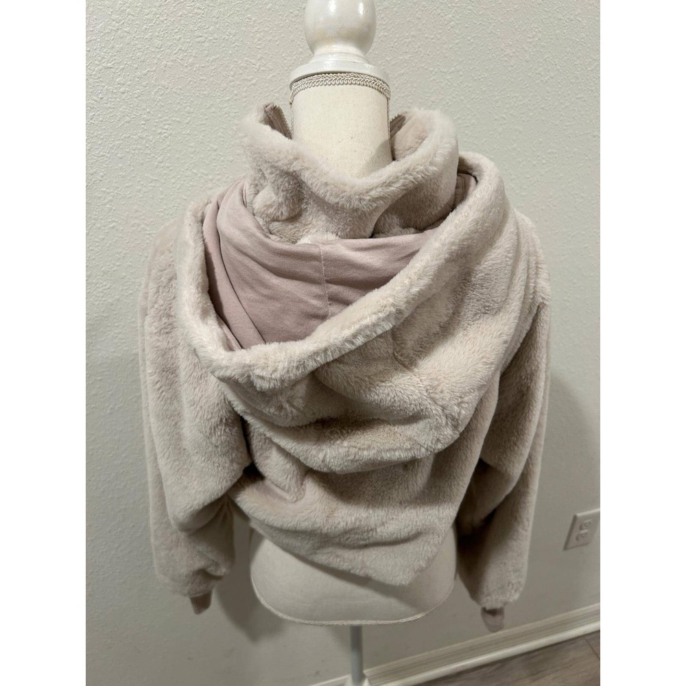 DKNY Sport Womens Faux Fur Hooded Bomber Jacket Blush Beige Detachable Hoodie - Picture 4 of 8